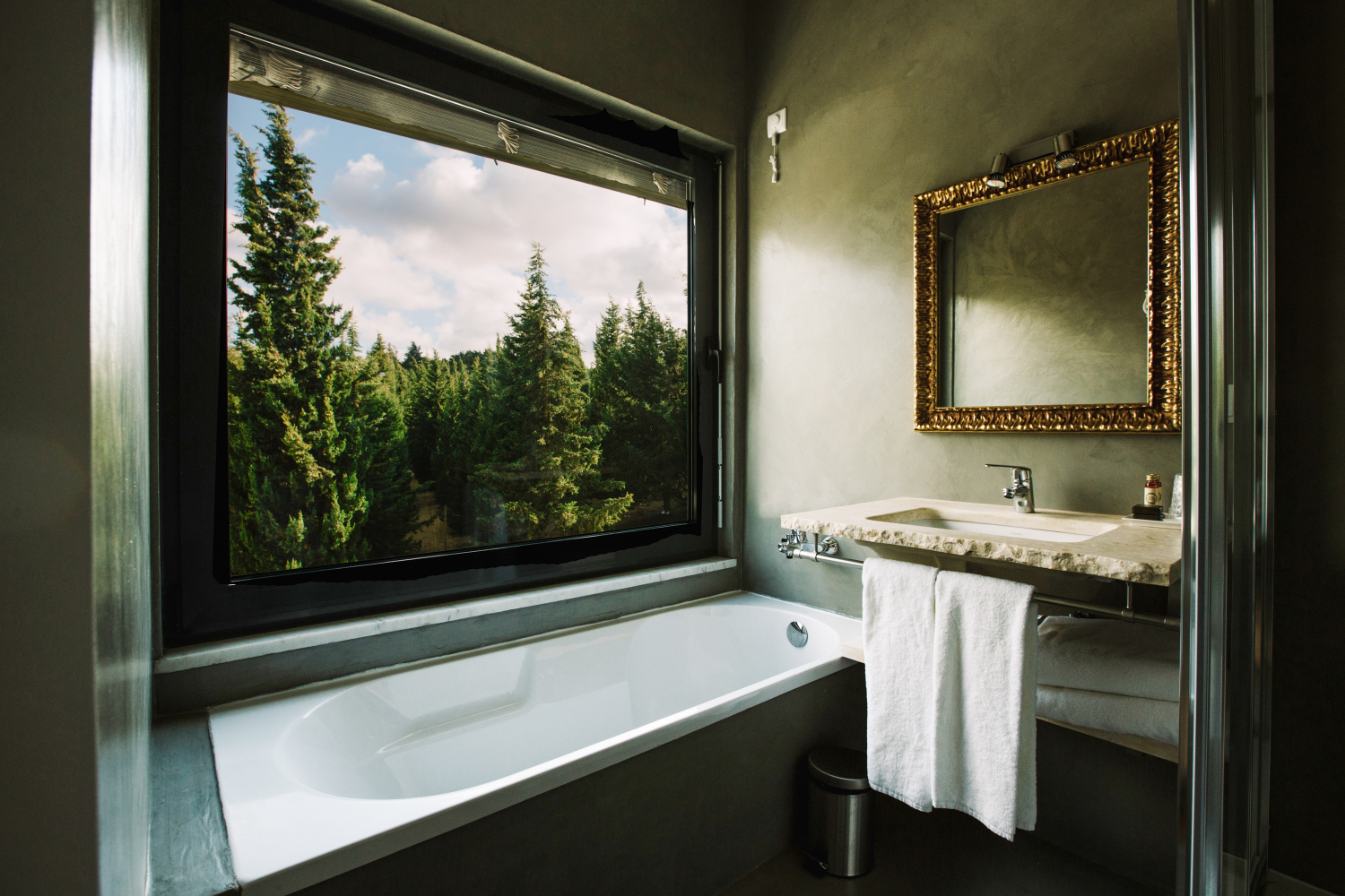 A bath beside a large window looking out onto lush green trees